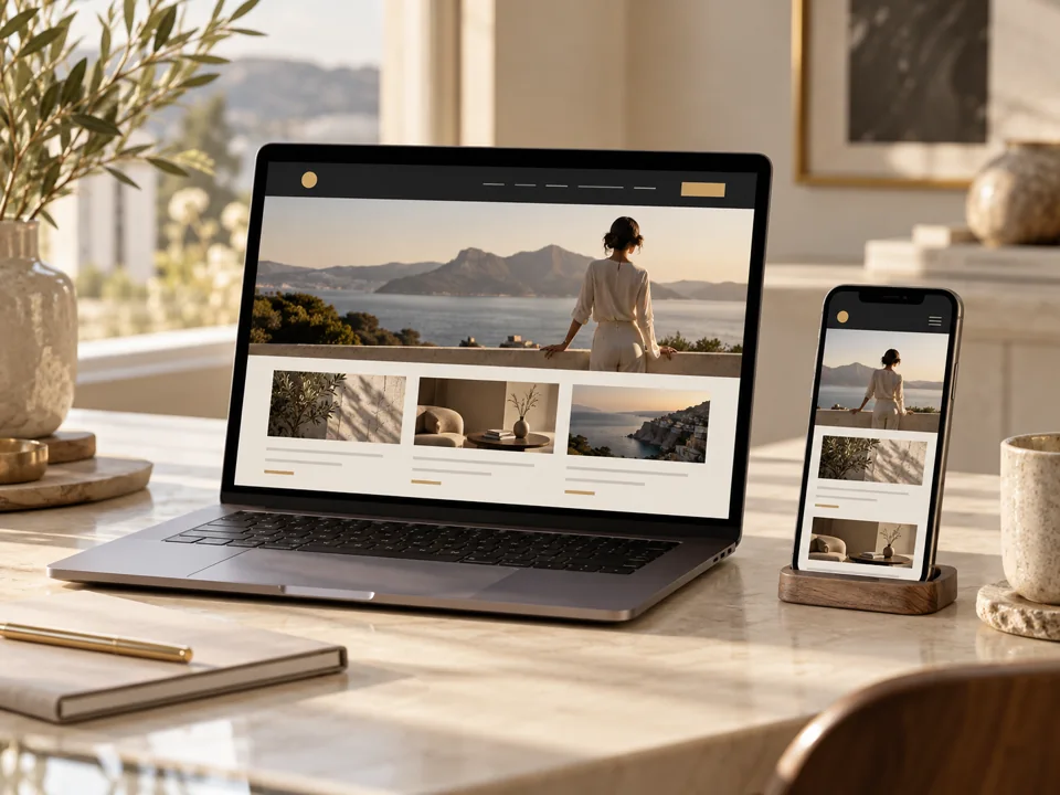 Site profissional apresentado em computador e celular