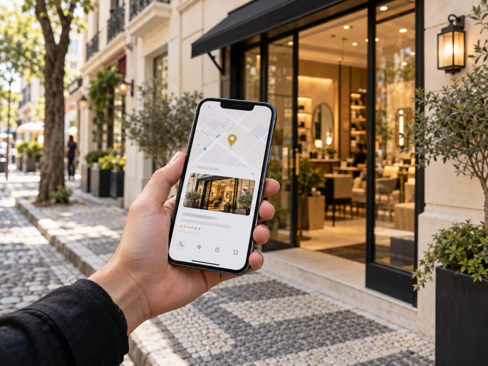 Uso de celular com mapa para localizar uma empresa na região
